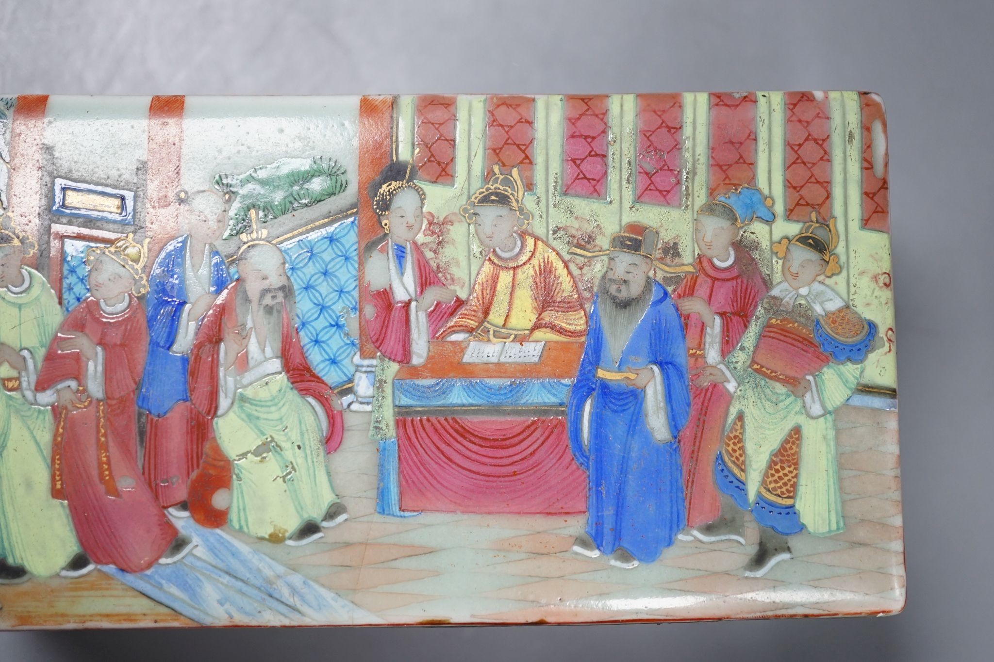 A Canton famille rose pen box, restored, 19cm